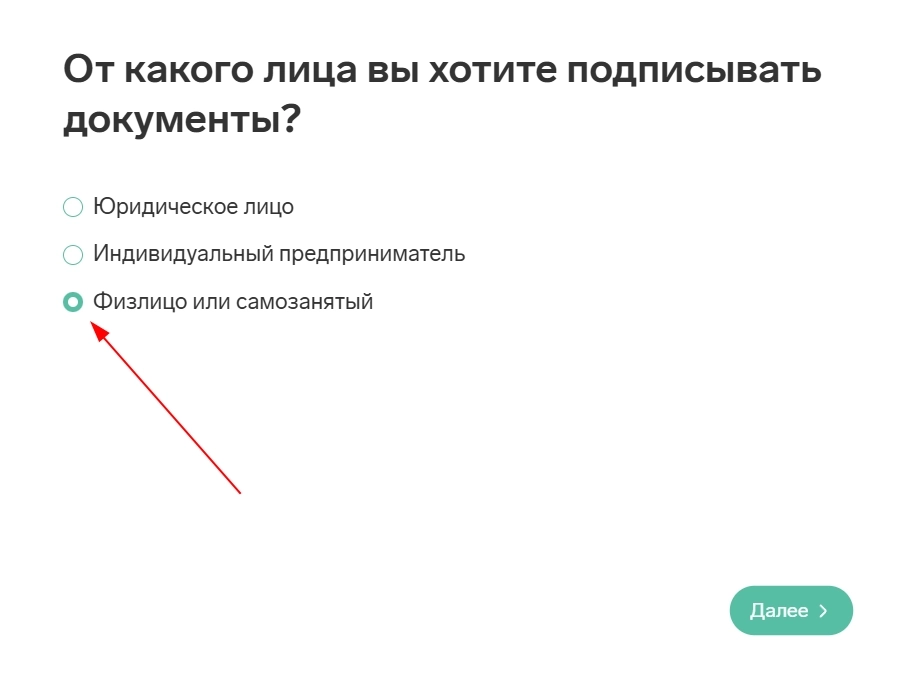 В Контур.Сайн выбрать пункт «Физлицо или самозанятый»