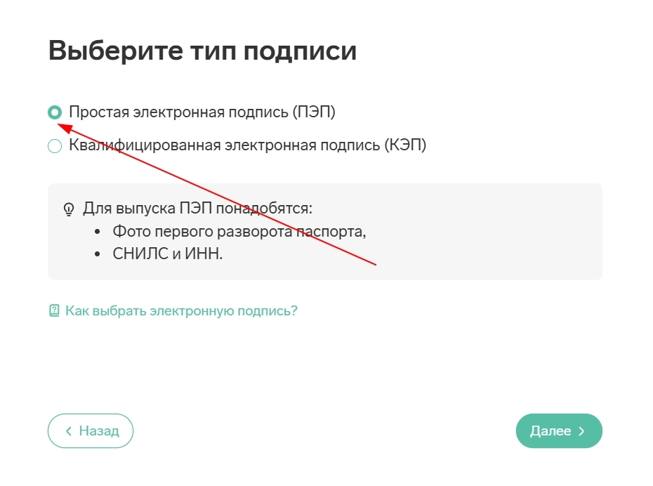 В Контур.Сайн выбрать «Простая электронная подпись (ПЭП)»